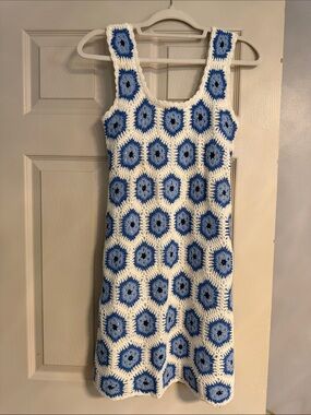 Blue & White Crochet Mini Dress - Women's Sleeveless